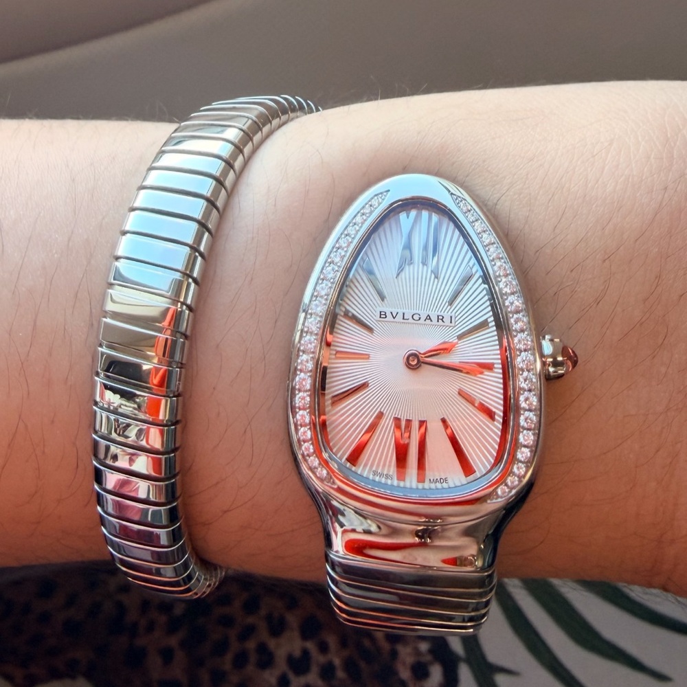 Bulgari Serpenti Tubogas Single Spiral Diamonds and Steel 35mm Silver Dial